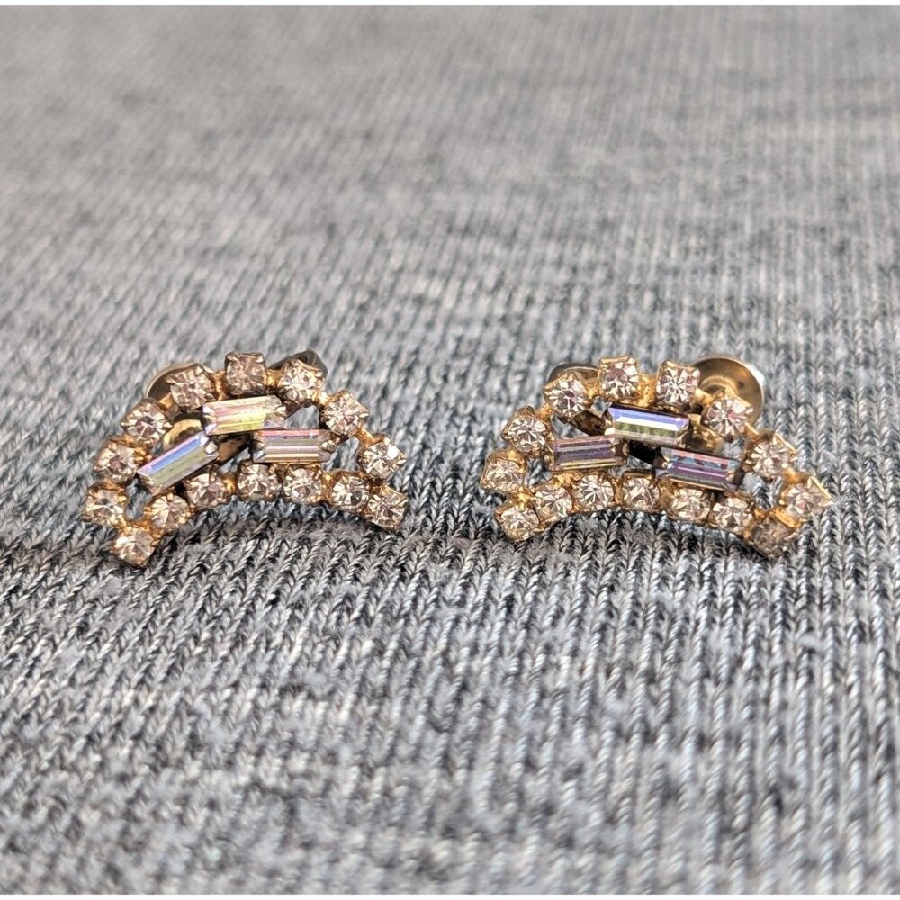 Vintage Jay Flex Rhinestone/Aurora Borealis Crescent Moon Earrings, Screw Back